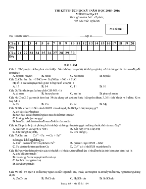 Thi kết thúc học kỳ 1 năm học 2015 - 2016 môn hóa học 12 thời gian làm bài 45 phút